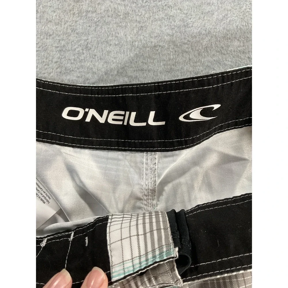 ONeill Mens Plaid Board Shorts Grey White Aqua Blue Cargo Pocket Size 34 2142